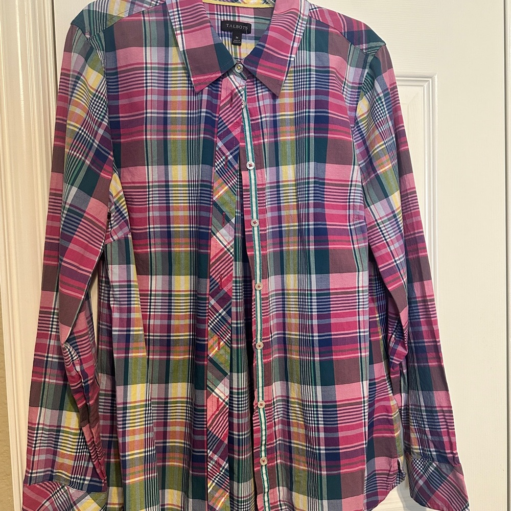 Talbots Pink, Green and Blue Plaid Button-Up Shirt